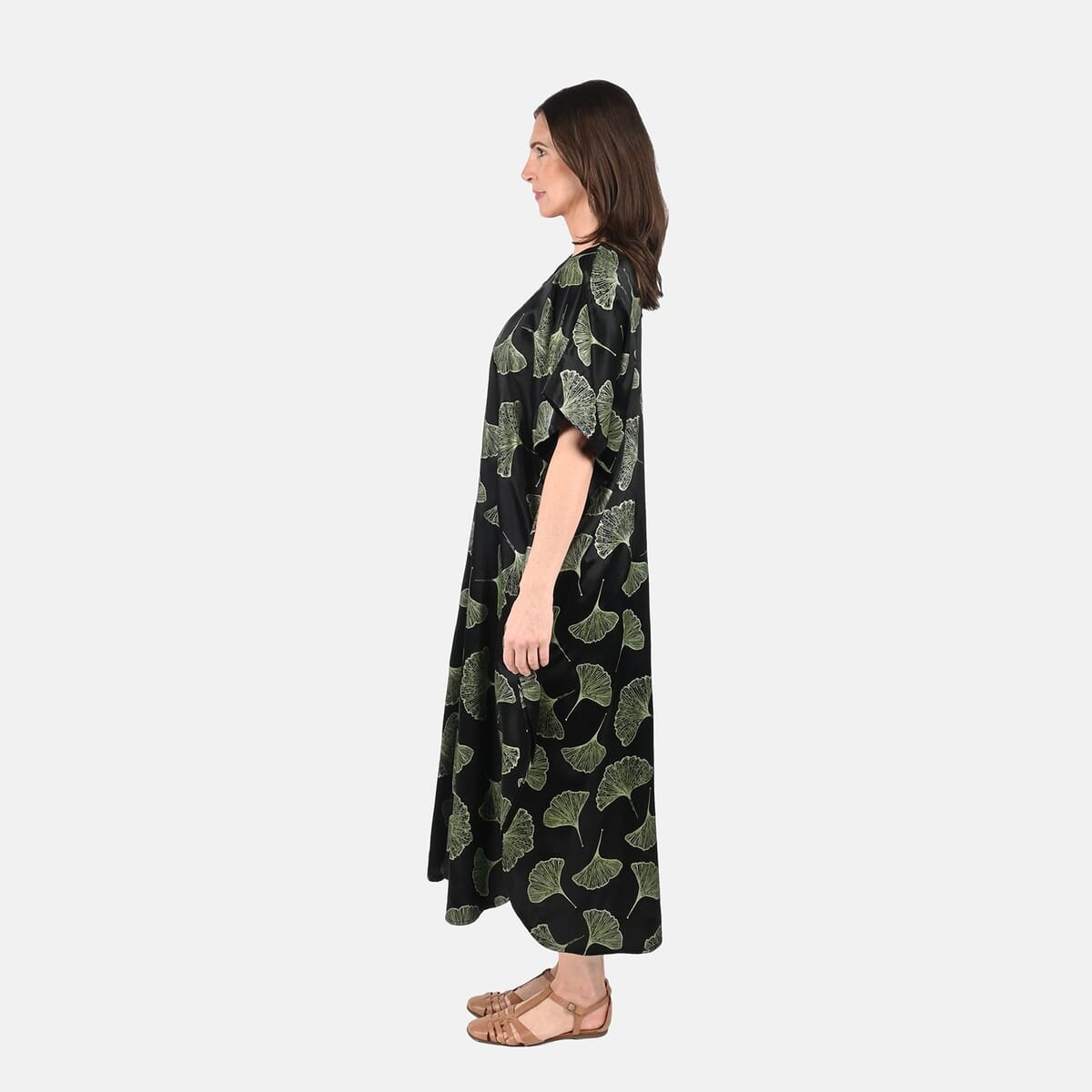 Tamsy Green Leaf Print Silk Blend Square Neck Kaftan - One Size Fits Most image number 2