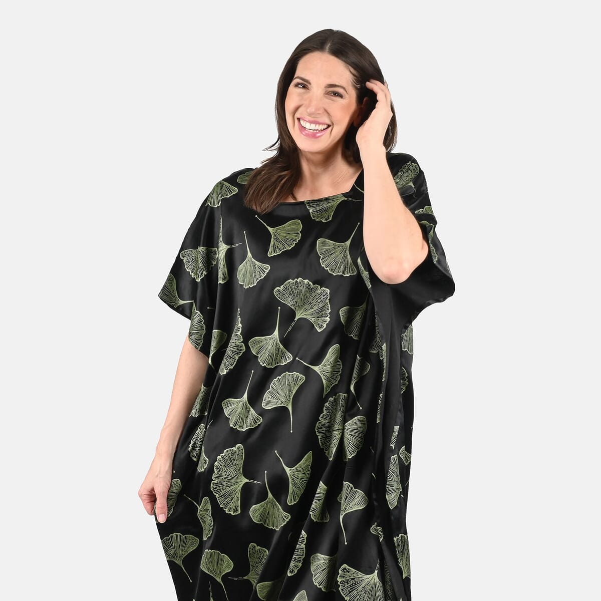 Tamsy Green Leaf Print Silk Blend Square Neck Kaftan - One Size Fits Most image number 3