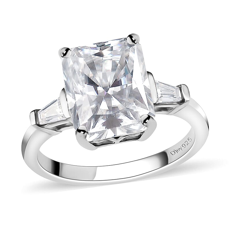 Radiant Cut Moissanite 3 Stone Ring in Platinum Over Sterling Silver (Size 10.0) 3.50 ctw