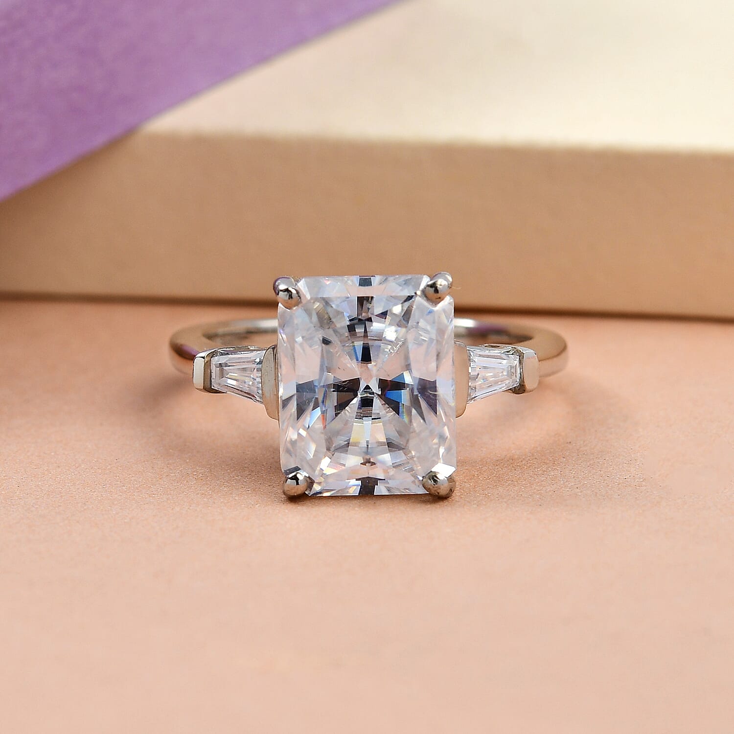 Radiant Cut Moissanite 3 Stone Ring in Platinum Over Sterling Silver (Size 10.0) 3.50 ctw