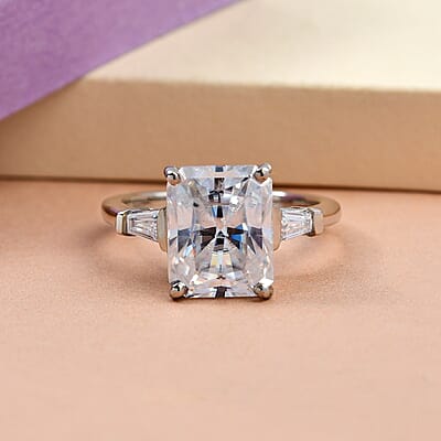 Radiant Cut Moissanite 3 Stone Ring in Platinum Over Sterling Silver (Size 10.0) 3.50 ctw