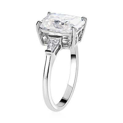 Radiant Cut Moissanite 3 Stone Ring in Platinum Over Sterling Silver (Size 10.0) 3.50 ctw