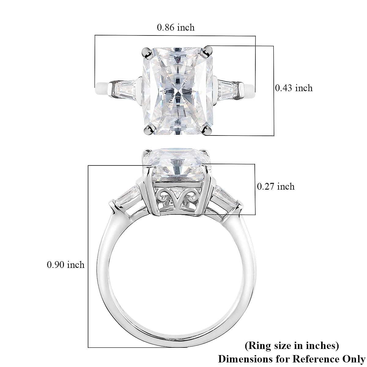 Radiant Cut Moissanite 3 Stone Ring in Platinum Over Sterling Silver (Size 10.0) 3.50 ctw