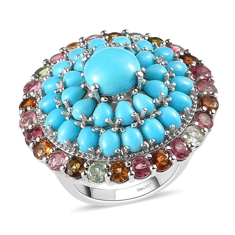 Sleeping Beauty Turquoise and Multi-Tourmaline Cocktail Ring in Platinum Over Sterling Silver (Size 10.0) 9.85 Grams 9.00 ctw