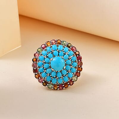 Sleeping Beauty Turquoise and Multi-Tourmaline Cocktail Ring in Platinum Over Sterling Silver (Size 10.0) 9.85 Grams 9.00 ctw