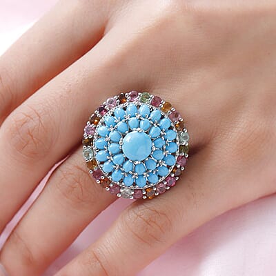 Sleeping Beauty Turquoise and Multi-Tourmaline Cocktail Ring in Platinum Over Sterling Silver (Size 10.0) 9.85 Grams 9.00 ctw