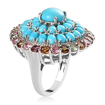 Sleeping Beauty Turquoise and Multi-Tourmaline Cocktail Ring in Platinum Over Sterling Silver (Size 10.0) 9.85 Grams 9.00 ctw