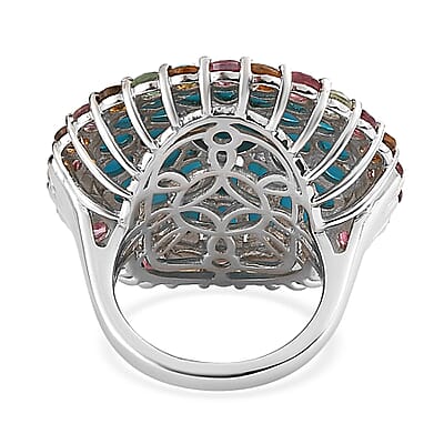 Sleeping Beauty Turquoise and Multi-Tourmaline Cocktail Ring in Platinum Over Sterling Silver (Size 10.0) 9.85 Grams 9.00 ctw