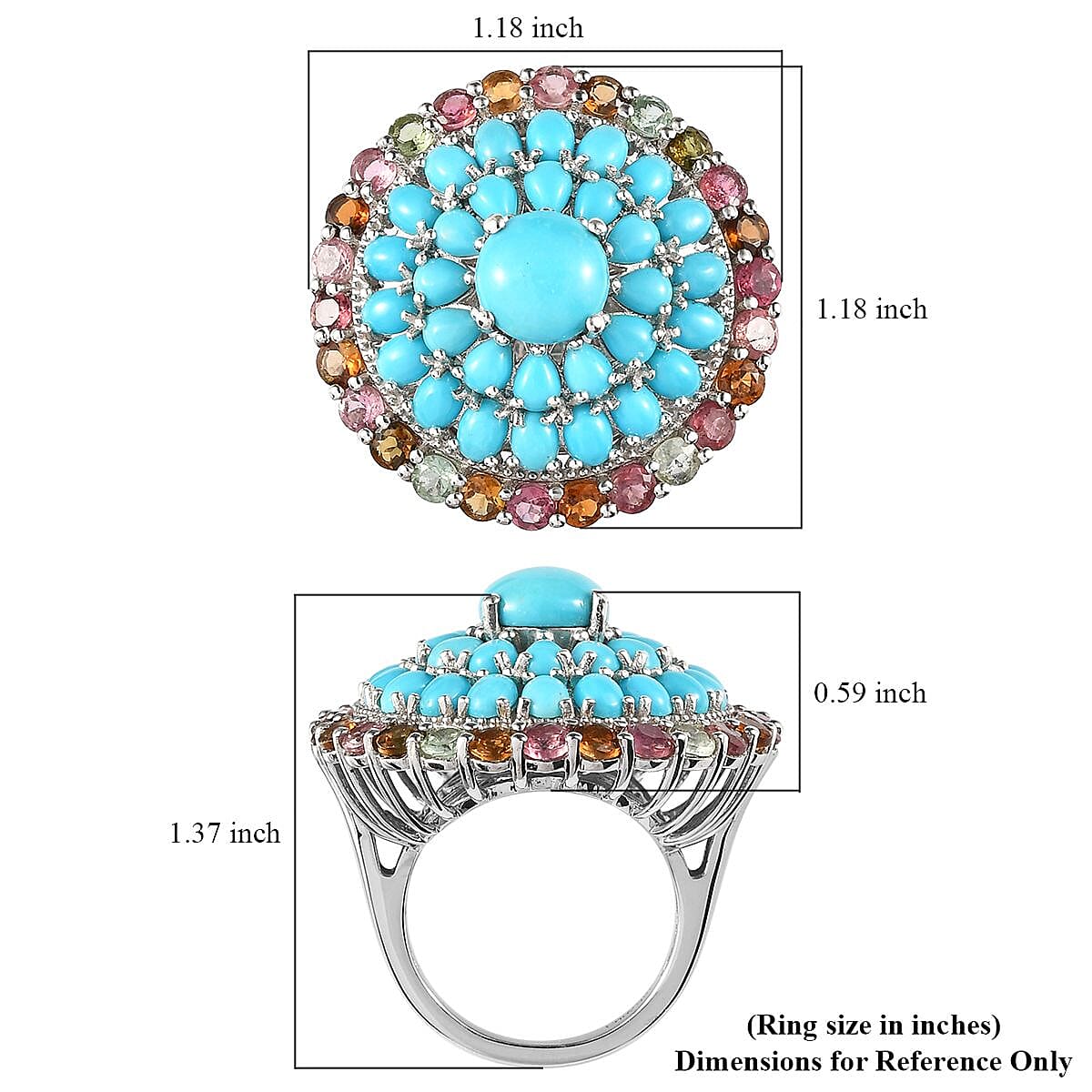 TLV AMERICAN Natural Sleeping Beauty Turquoise, Multi-Tourmaline Cocktail Ring in Platinum Over Sterling Silver (Size 7.0) (9.85 g) 9.00 ctw image number 5