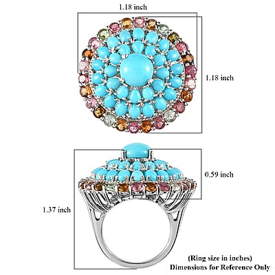 Sleeping Beauty Turquoise and Multi-Tourmaline Cocktail Ring in Platinum Over Sterling Silver (Size 10.0) 9.85 Grams 9.00 ctw
