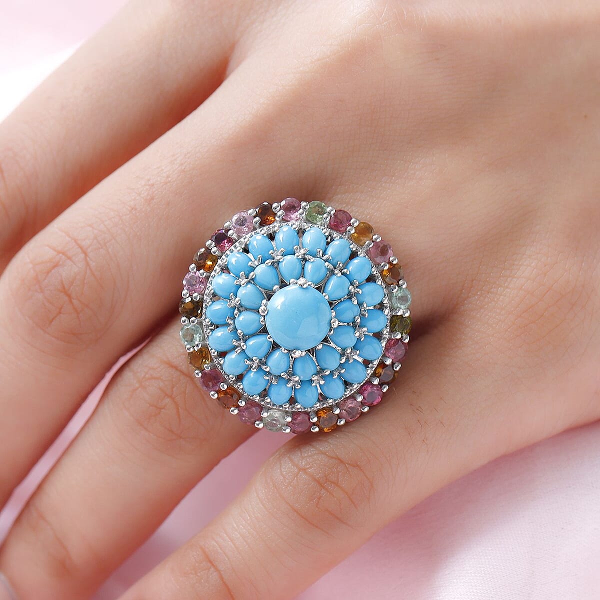 Sleeping Beauty Turquoise and Multi-Tourmaline Cocktail Ring in Platinum Over Sterling Silver (Size 6.0) 9.00 ctw image number 2