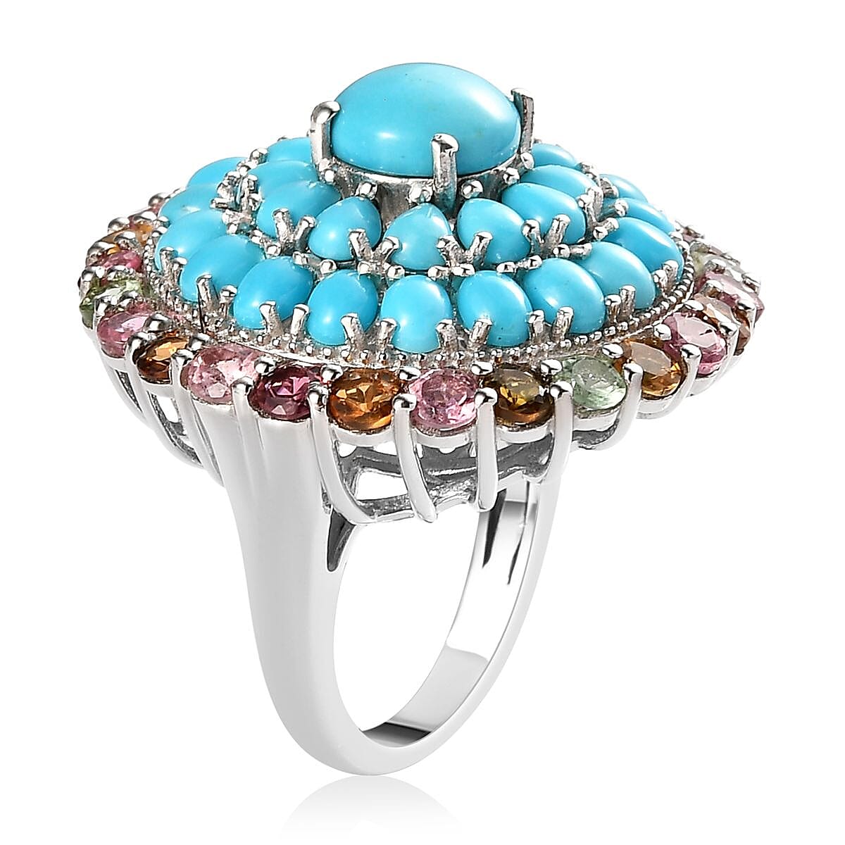 Sleeping Beauty Turquoise and Multi-Tourmaline Cocktail Ring in Platinum Over Sterling Silver (Size 6.0) 9.00 ctw image number 3
