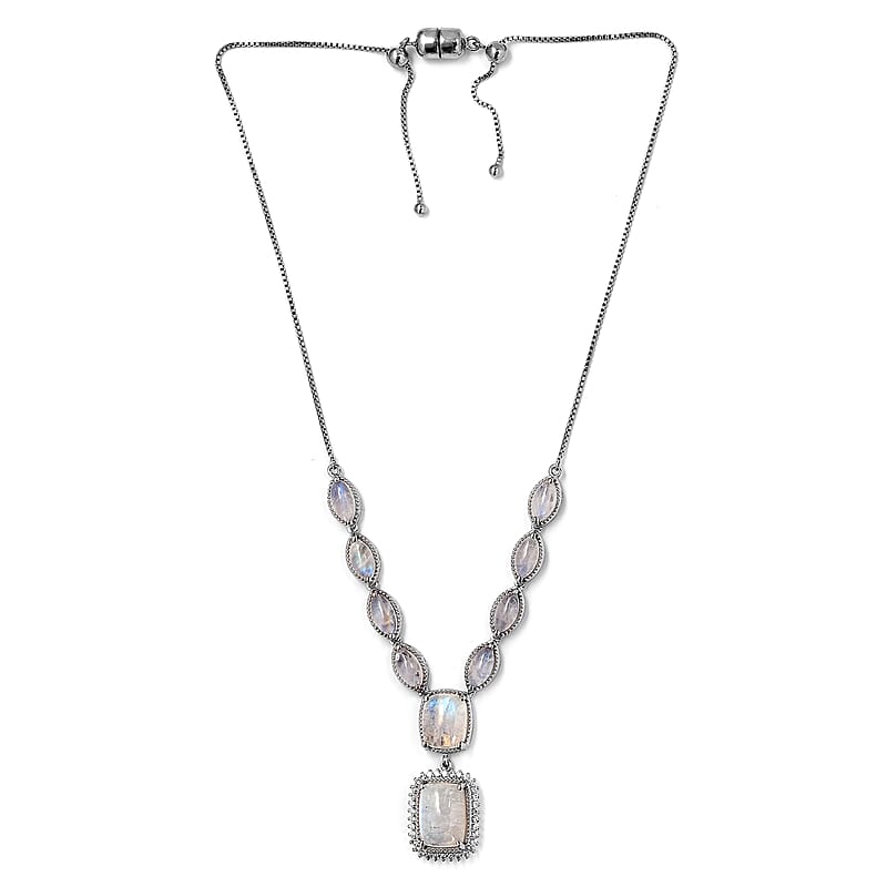Premium Rainbow Moonstone and Zircon 24.60 ctw Necklace in Platinum Over Sterling Silver 19 Inches