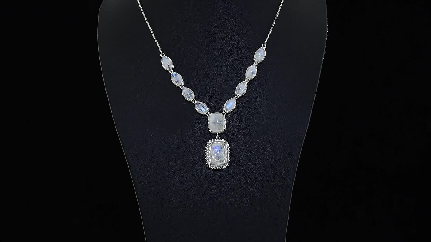 Premium Rainbow Moonstone, Zircon Necklace (19 Inches) in Platinum Over Sterling Silver 24.60 ctw
