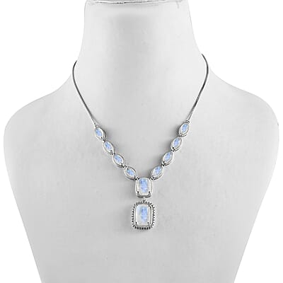 Premium Rainbow Moonstone and Zircon 24.60 ctw Necklace in Platinum Over Sterling Silver 19 Inches