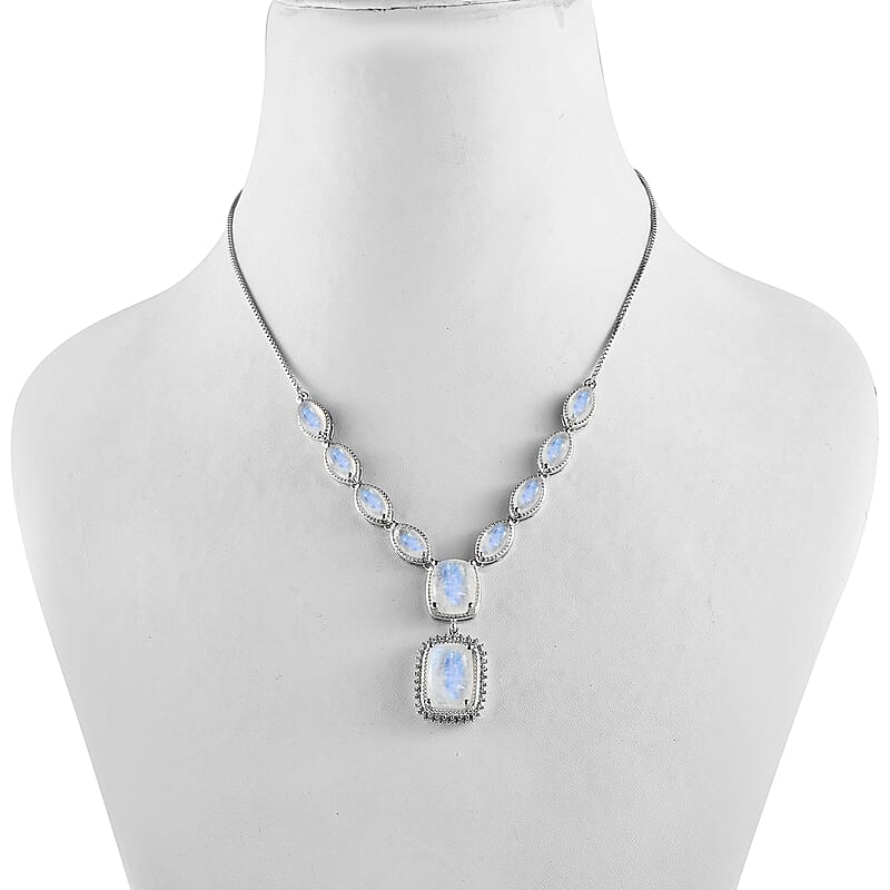 Premium Rainbow Moonstone and Zircon 24.60 ctw Necklace in Platinum Over Sterling Silver 19 Inches