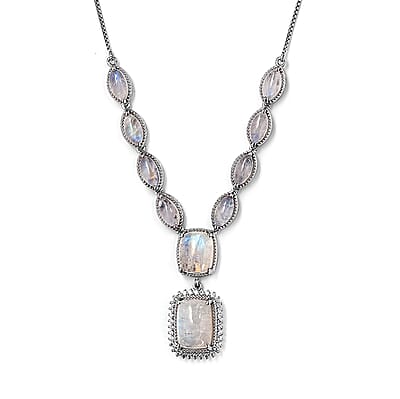 Premium Rainbow Moonstone and Zircon 24.60 ctw Necklace in Platinum Over Sterling Silver 19 Inches
