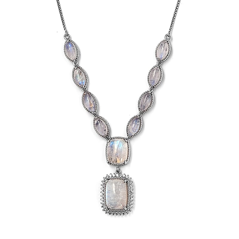 Premium Rainbow Moonstone and Zircon 24.60 ctw Necklace in Platinum Over Sterling Silver 19 Inches