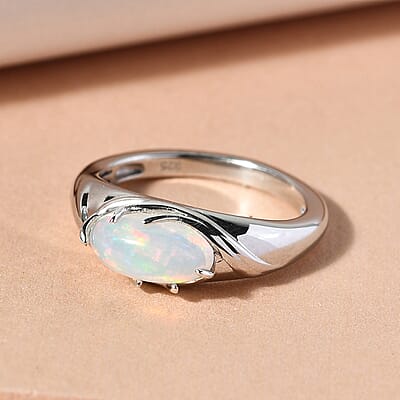 Ethiopian Welo Opal 1.05 ctw Solitaire Ring in Platinum Over Sterling Silver (Size 5.5)