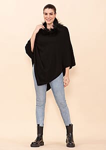 Tamsy Black 100% Pashmina Wool fur Poncho (One Size Fits Most)