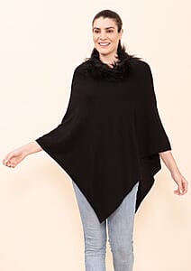 Tamsy Black 100% Pashmina Wool fur Poncho (One Size Fits Most)