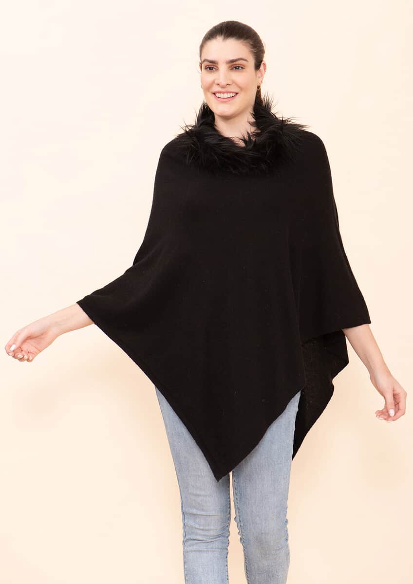 Tamsy Black 100% Pashmina Wool fur Poncho (One Size Fits Most) image number 2