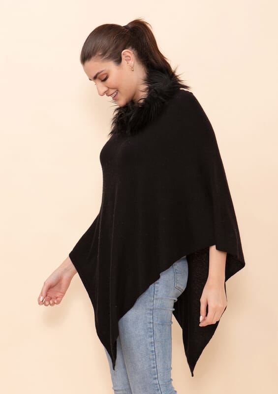 Tamsy Black 100% Pashmina Wool fur Poncho (One Size Fits Most)