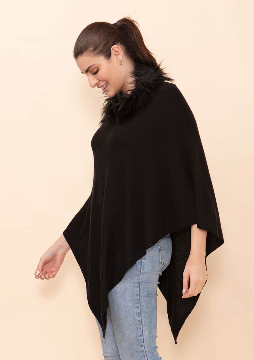 Tamsy Black 100% Pashmina Wool fur Poncho (One Size Fits Most) image number 3