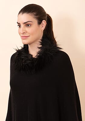 Tamsy Black 100% Pashmina Wool fur Poncho (One Size Fits Most)