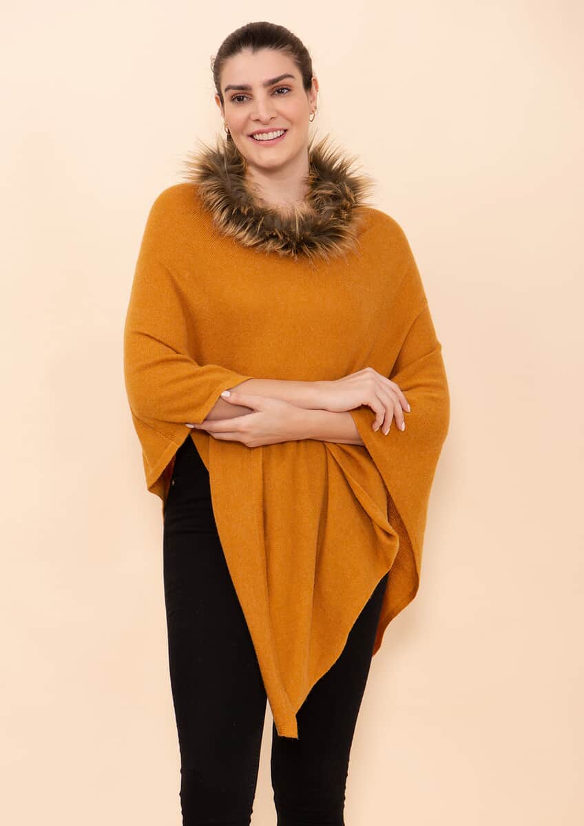 Tamsy Gold 100% Pashmina Wool fur Poncho (One Size Fits Most) image number 2
