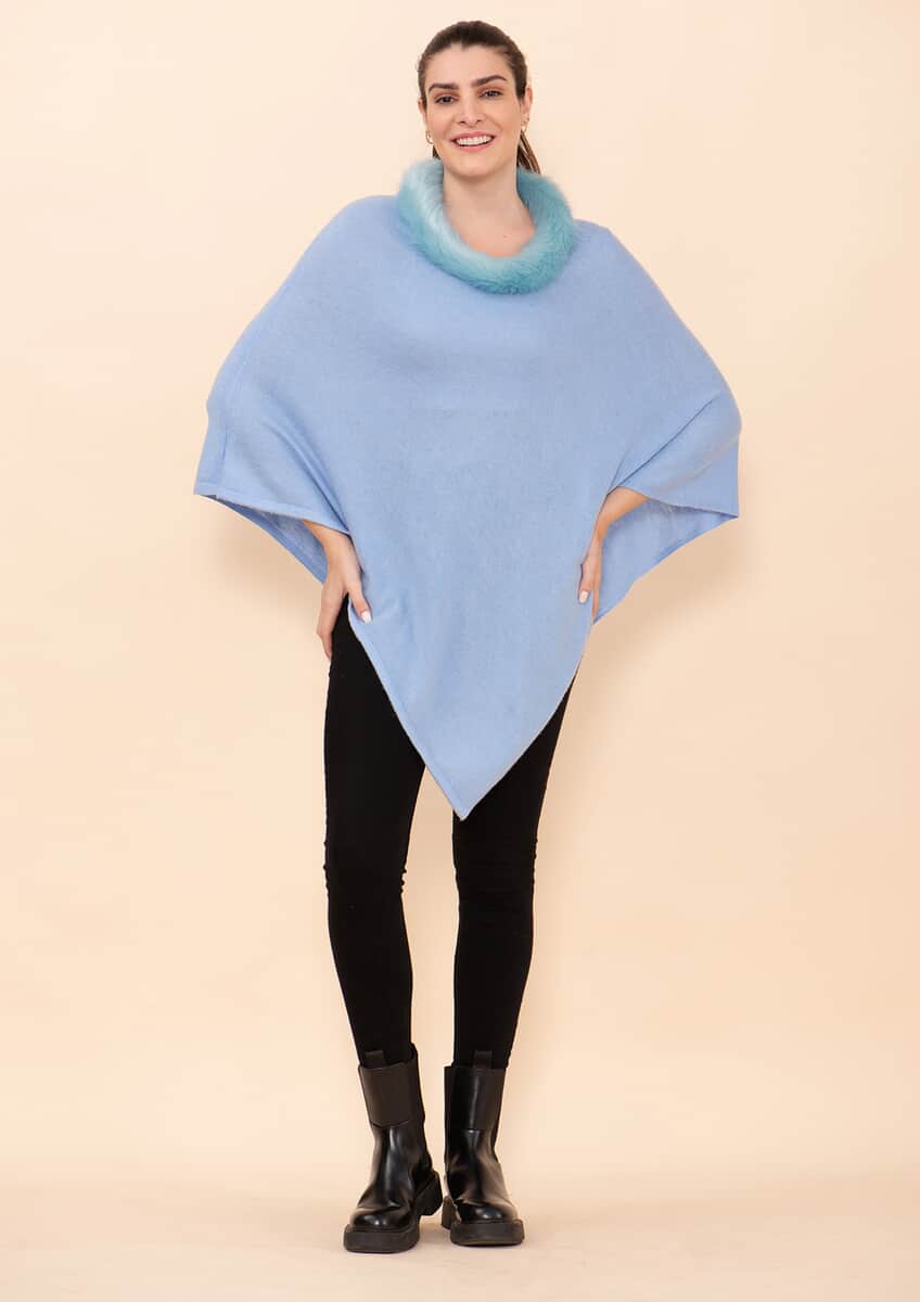 Tamsy Light Blue 100% Pashmina Wool fur Poncho (One Size Fits Most) image number 0