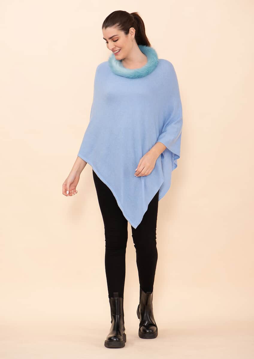 Tamsy Light Blue 100% Pashmina Wool fur Poncho (One Size Fits Most) image number 2