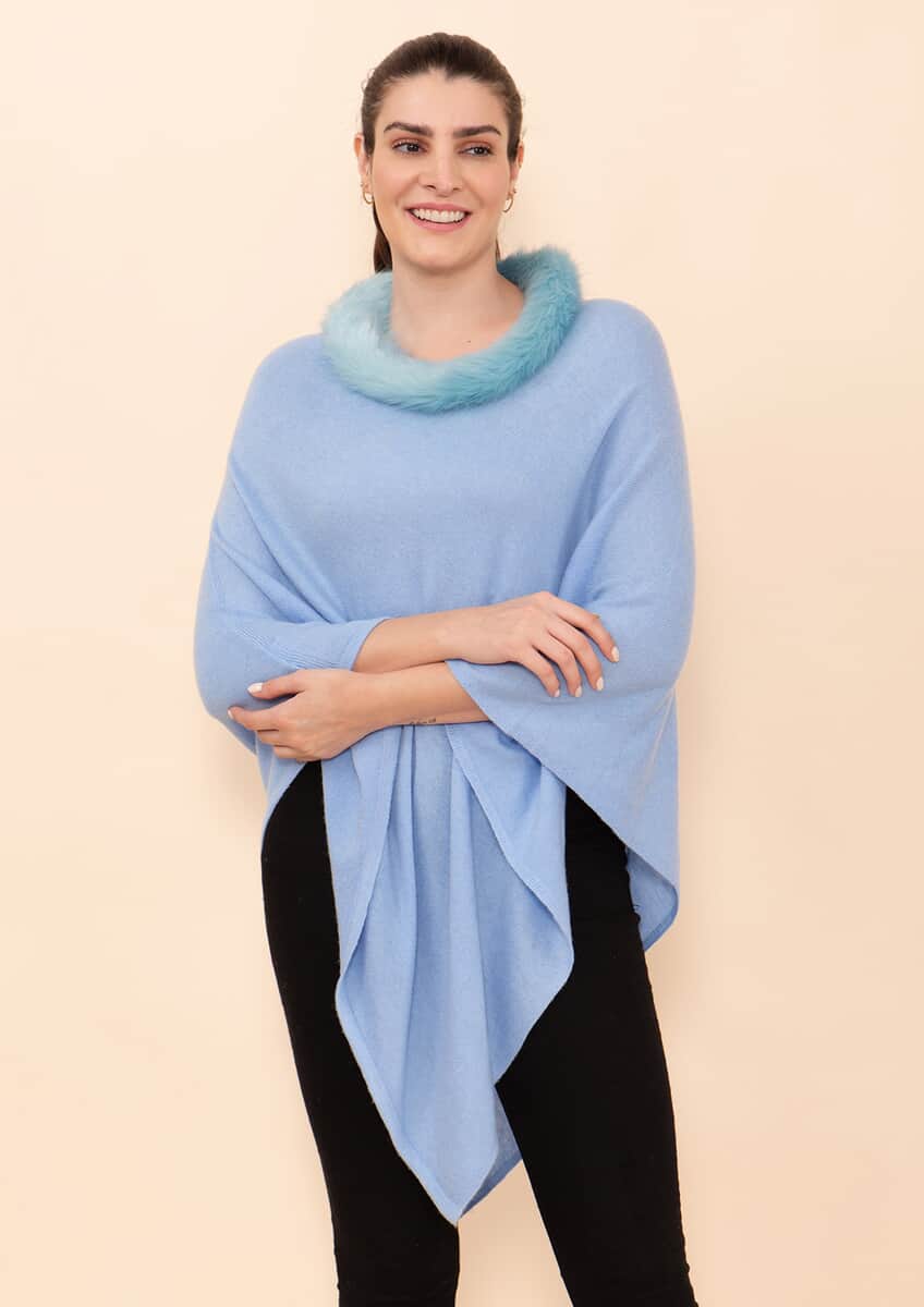 Tamsy Light Blue 100% Pashmina Wool fur Poncho (One Size Fits Most) image number 3