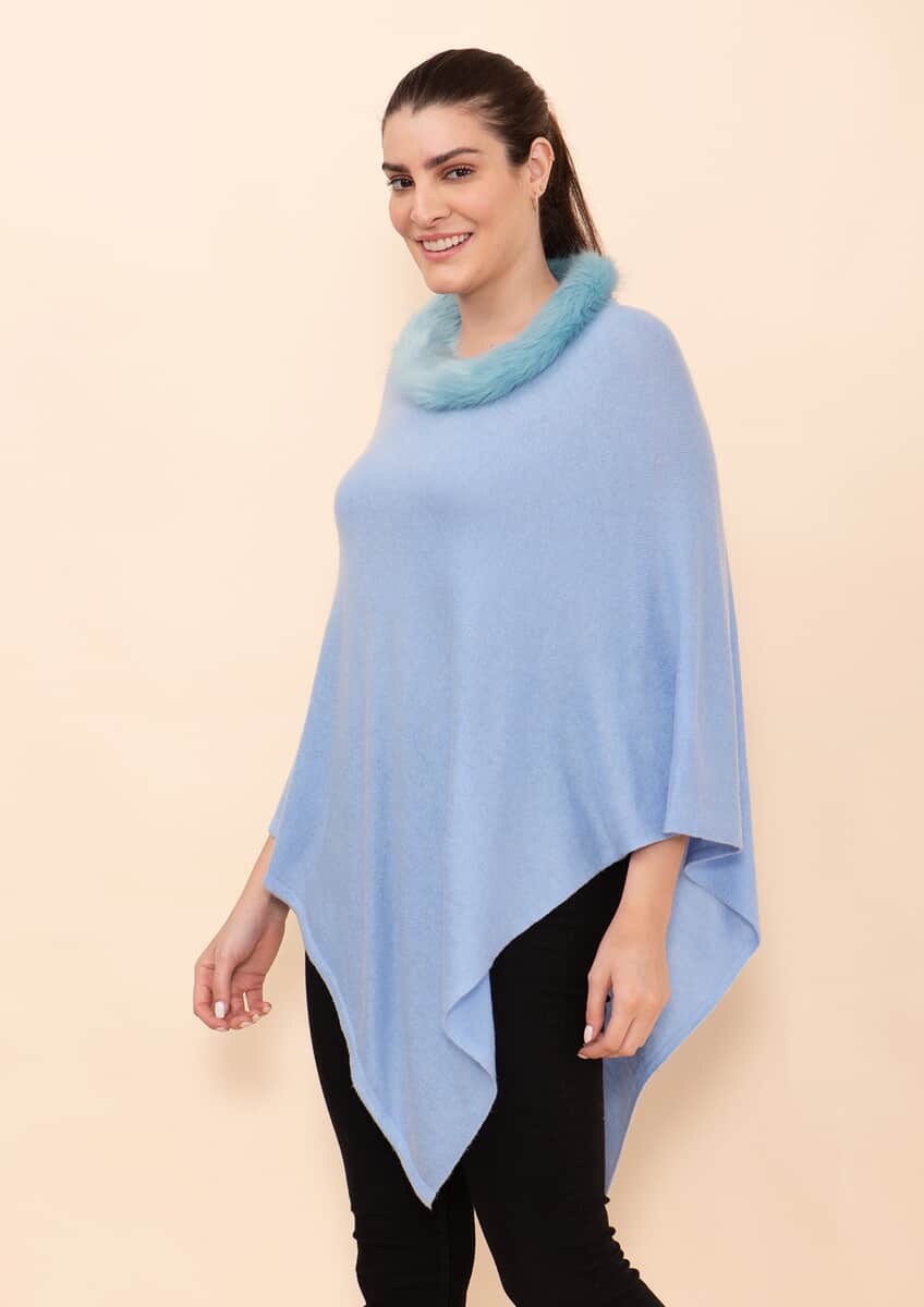 Tamsy Light Blue 100% Pashmina Wool fur Poncho (One Size Fits Most) image number 4