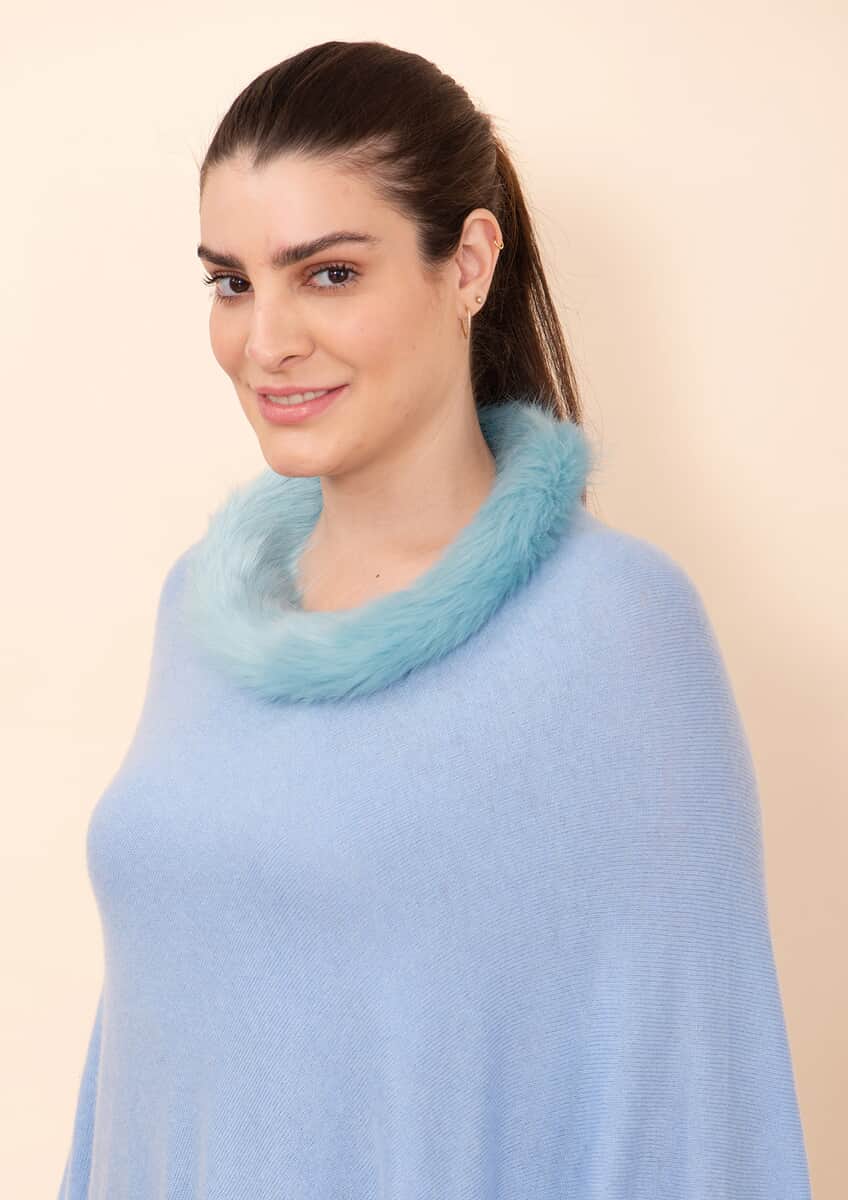 Tamsy Light Blue 100% Pashmina Wool fur Poncho (One Size Fits Most) image number 5