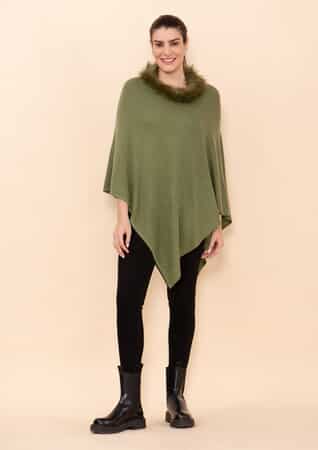 Tamsy Dark Olive 100% Pashmina Wool fur Poncho (One Size Fits Most) image number 0