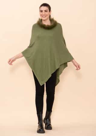 Tamsy Dark Olive 100% Pashmina Wool fur Poncho (One Size Fits Most) image number 2