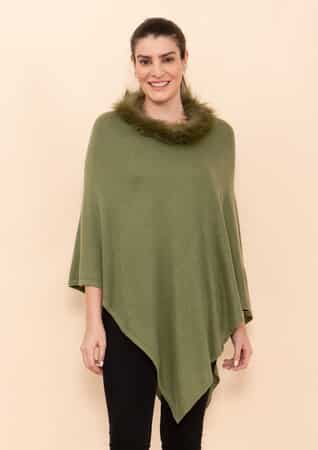 Tamsy Dark Olive 100% Pashmina Wool fur Poncho (One Size Fits Most) image number 3