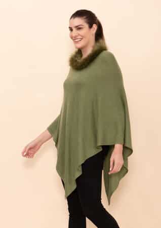 Tamsy Dark Olive 100% Pashmina Wool fur Poncho (One Size Fits Most) image number 4