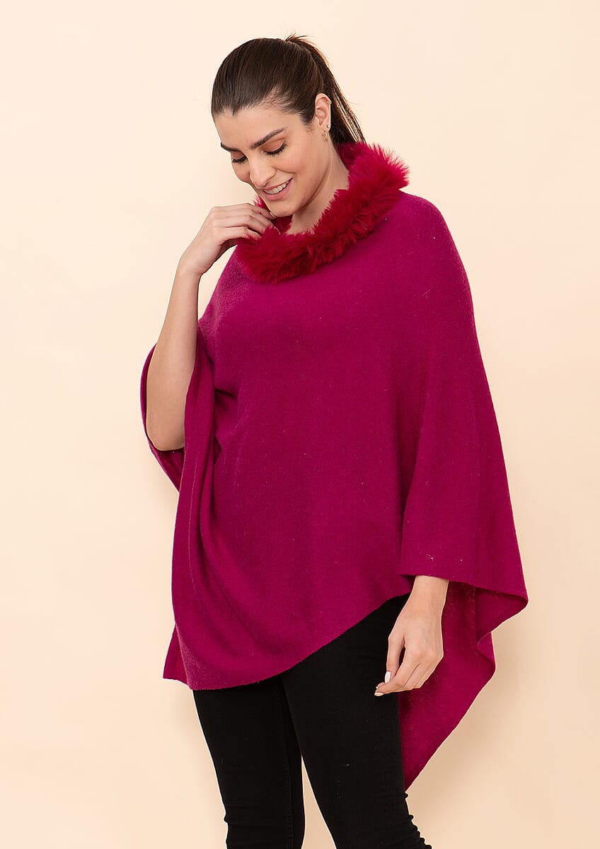 Tamsy Magenta 100% Pashmina Wool fur Poncho (One Size Fits Most) image number 3