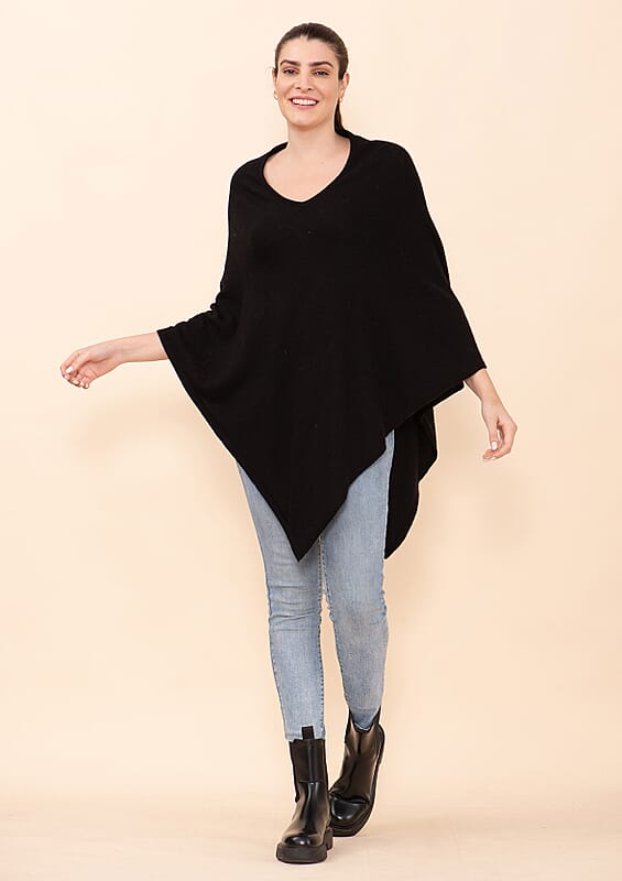 Tamsy Black 100% Pashmina Wool Poncho (One Size Fits Most)