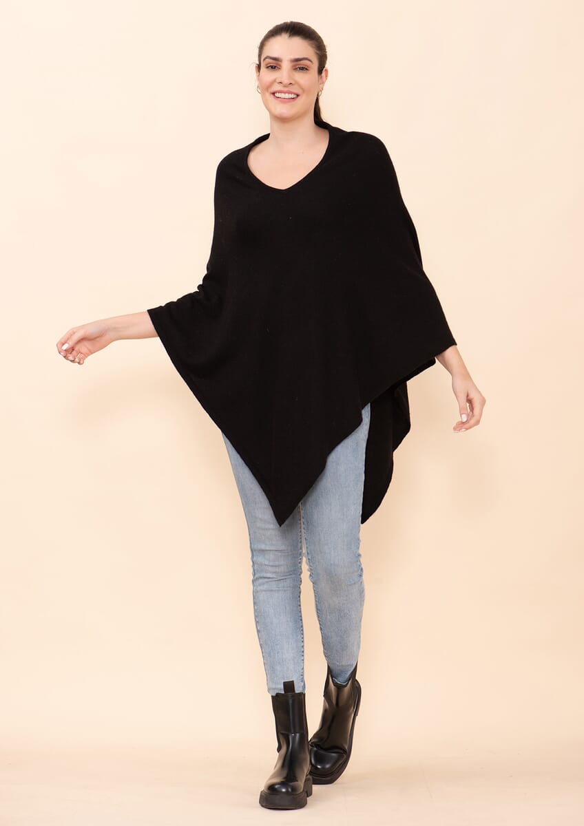 Tamsy Black 100% Pashmina Wool Poncho (One Size Fits Most) image number 0