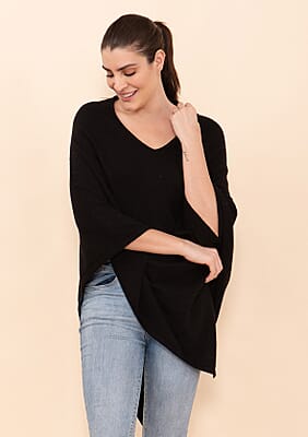 Tamsy Black 100% Pashmina Wool Poncho (One Size Fits Most)