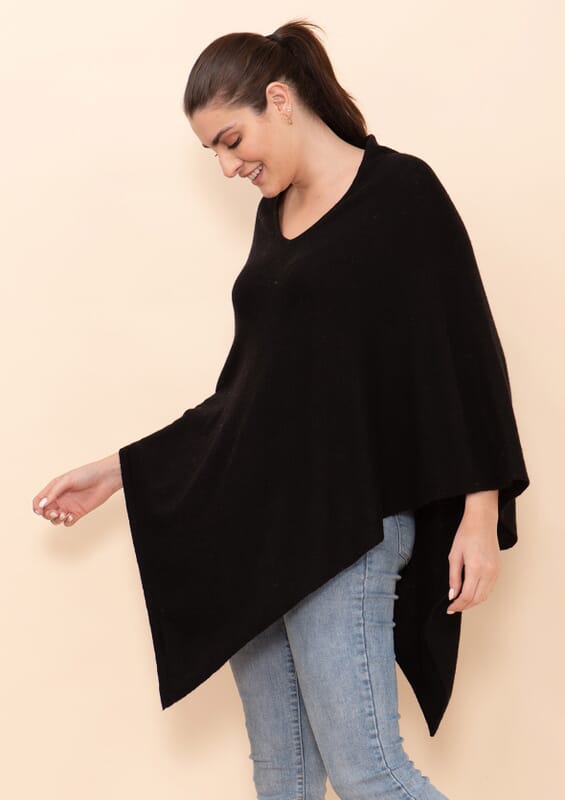 Tamsy Black 100% Pashmina Wool Poncho (One Size Fits Most)