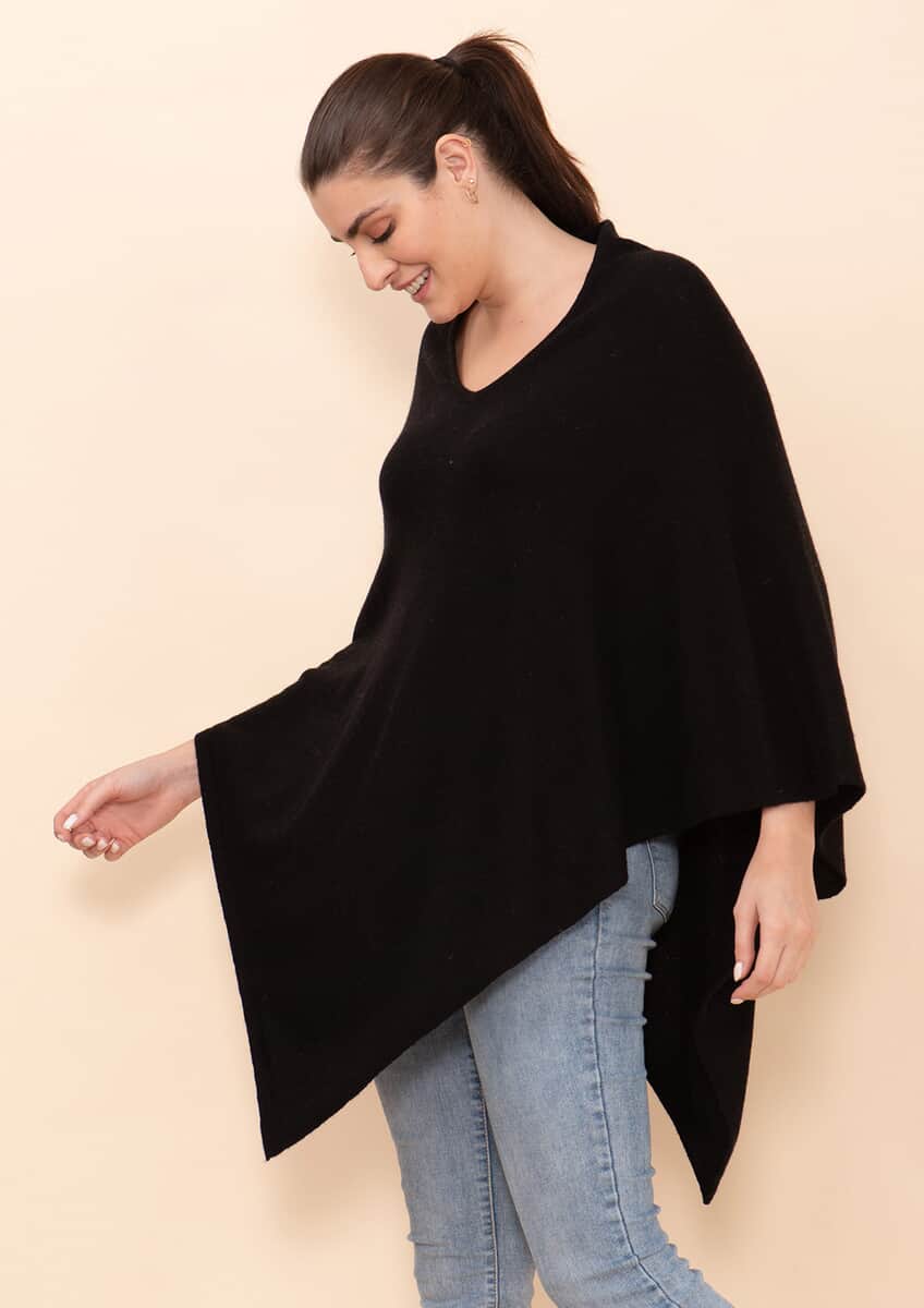 Tamsy Black 100% Pashmina Wool Poncho (One Size Fits Most) image number 3