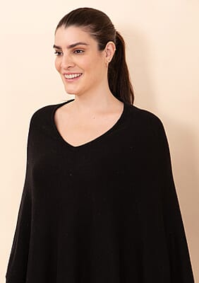 Tamsy Black 100% Pashmina Wool Poncho (One Size Fits Most)