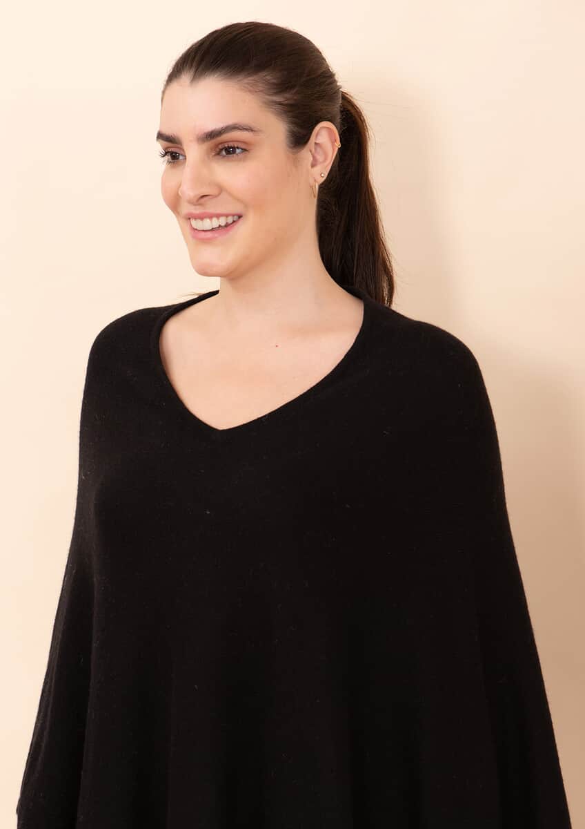 Tamsy Black 100% Pashmina Wool Poncho (One Size Fits Most) image number 4