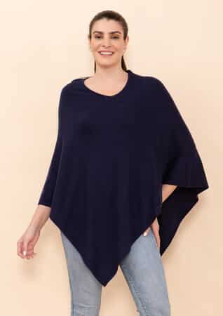 Tamsy Navy 100% Pashmina Wool Poncho (One Size Fits Most) image number 2