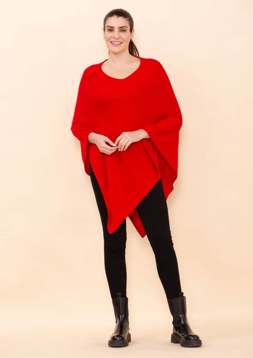 Tamsy Red 100% Pashmina Wool Poncho (One Size Fits Most) image number 2