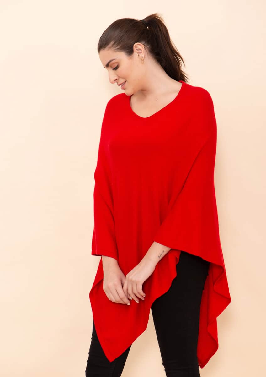 Tamsy Red 100% Pashmina Wool Poncho (One Size Fits Most) image number 4